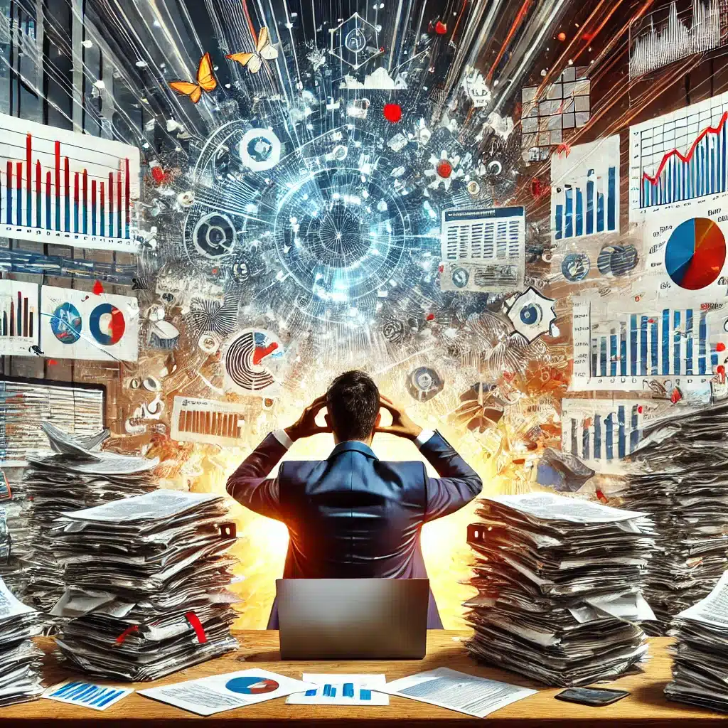 An-image-depicting-the-challenge-of-managing-overwhelming-data-in-modern-business.-The-concept-shows-a-business-professional-surrounded-by-stacks-of-data